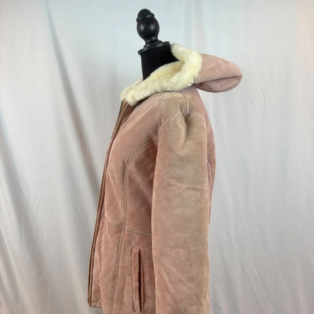 Wilsons Leather Pink Suede‎ Hooded Jacket Faux Fur Shearling Lined Dusty Rose
